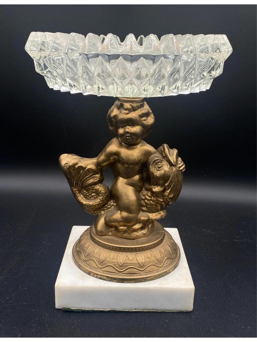 Vintage Cherub Compote Dish Marble Base Putti Fish Figurine Cut Glass Bowl 7.5”